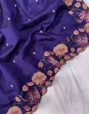 Navy Blue Color Tussar Silk Floral Thread Embroidered Saree 4