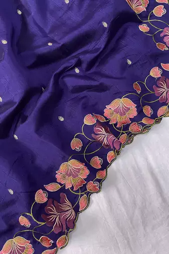 Navy Blue Color Tussar Silk Floral Thread Embroidered Saree