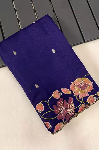 Navy Blue Color Tussar Silk Floral Thread Embroidered Saree