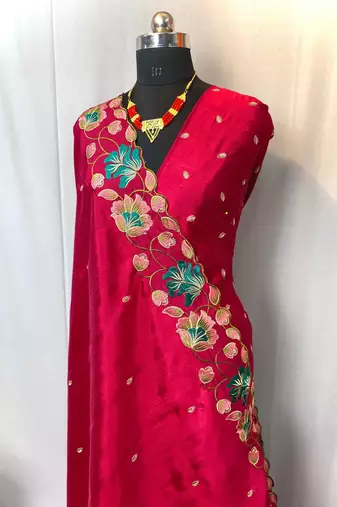 Rani Pink Color Tussar Silk Floral Thread Embroidered Saree