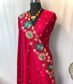 Rani Pink Color Tussar Silk Floral Thread Embroidered Saree