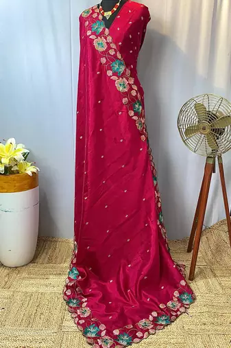 Rani Pink Color Tussar Silk Floral Thread Embroidered Saree
