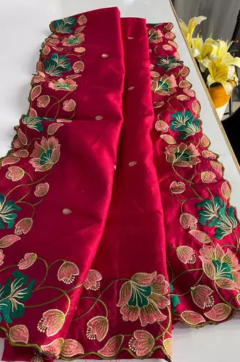Rani Pink Color Tussar Silk Floral Thread Embroidered Saree