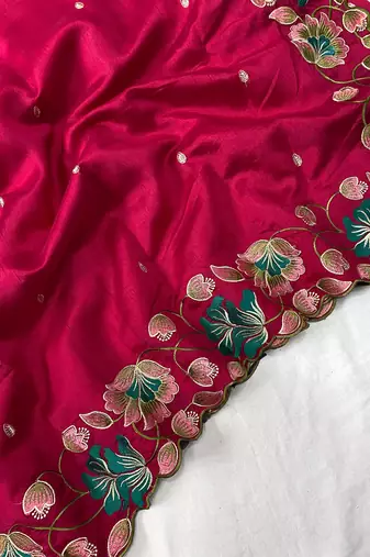 Rani Pink Color Tussar Silk Floral Thread Embroidered Saree