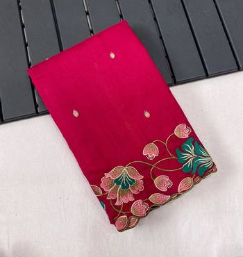 Rani Pink Color Tussar Silk Floral Thread Embroidered Saree 5
