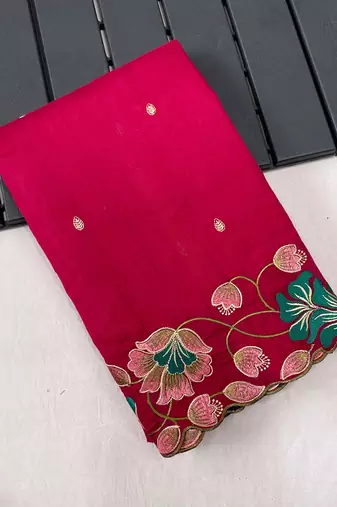 Rani Pink Color Tussar Silk Floral Thread Embroidered Saree