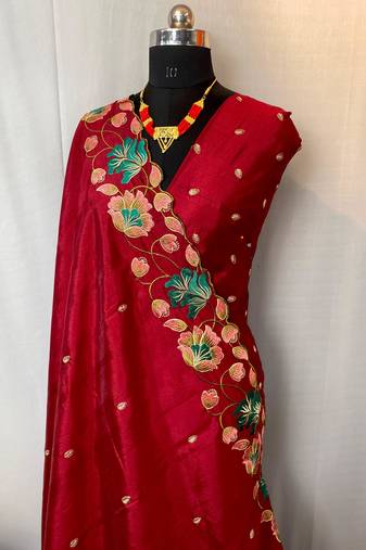Cherry Red Color Tussar Silk Floral Thread Embroidered Saree