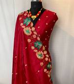 Cherry Red Color Tussar Silk Floral Thread Embroidered Saree