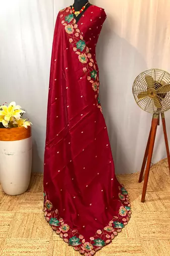 Cherry Red Color Tussar Silk Floral Thread Embroidered Saree