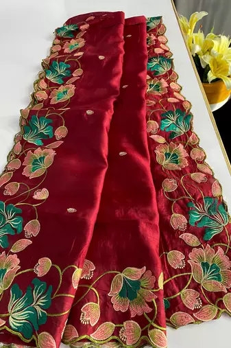 Cherry Red Color Tussar Silk Floral Thread Embroidered Saree
