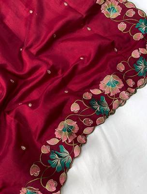 Cherry Red Color Tussar Silk Floral Thread Embroidered Saree 4