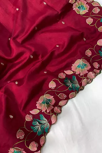 Cherry Red Color Tussar Silk Floral Thread Embroidered Saree