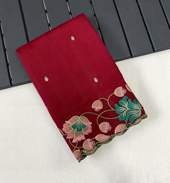 Cherry Red Color Tussar Silk Floral Thread Embroidered Saree 5