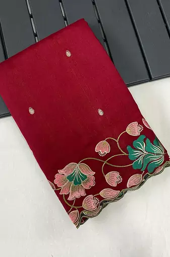 Cherry Red Color Tussar Silk Floral Thread Embroidered Saree