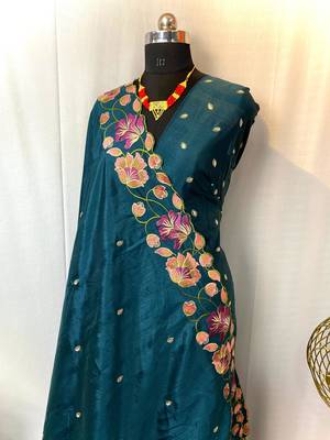 Teal Color Tussar Silk Floral Thread Embroidered Saree 1