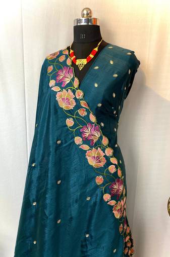 Teal Color Tussar Silk Floral Thread Embroidered Saree