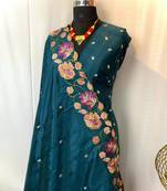Teal Color Tussar Silk Floral Thread Embroidered Saree