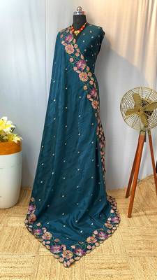 Teal Color Tussar Silk Floral Thread Embroidered Saree 2