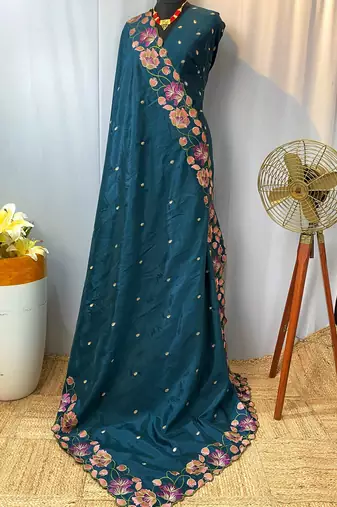 Teal Color Tussar Silk Floral Thread Embroidered Saree