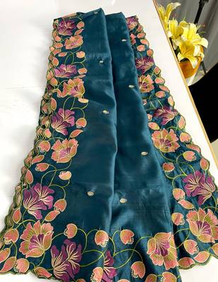 Teal Color Tussar Silk Floral Thread Embroidered Saree 3