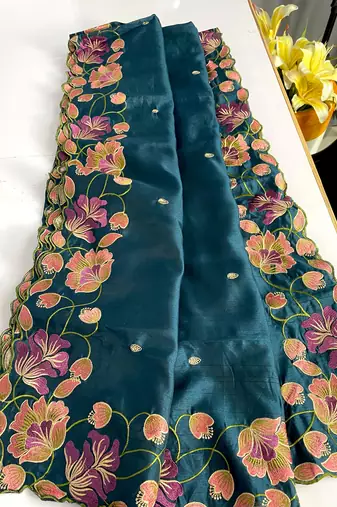 Teal Color Tussar Silk Floral Thread Embroidered Saree