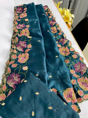 Teal Color Tussar Silk Floral Thread Embroidered Saree 4