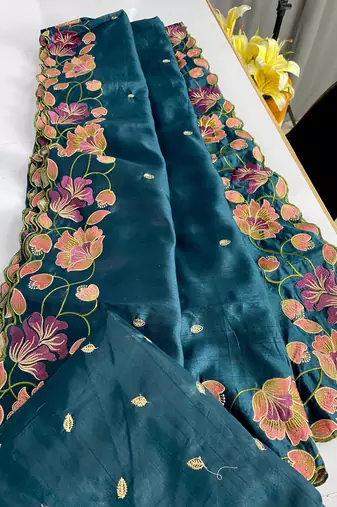 Teal Color Tussar Silk Floral Thread Embroidered Saree
