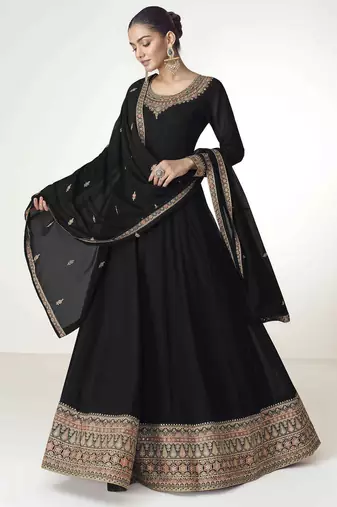 Black embroidered work georgette fabric anarkali party wear gown with dupatta.
