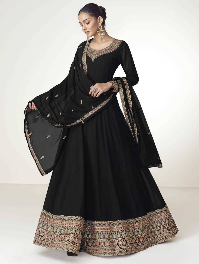 Black embroidered work georgette fabric anarkali party wear gown with dupatta.