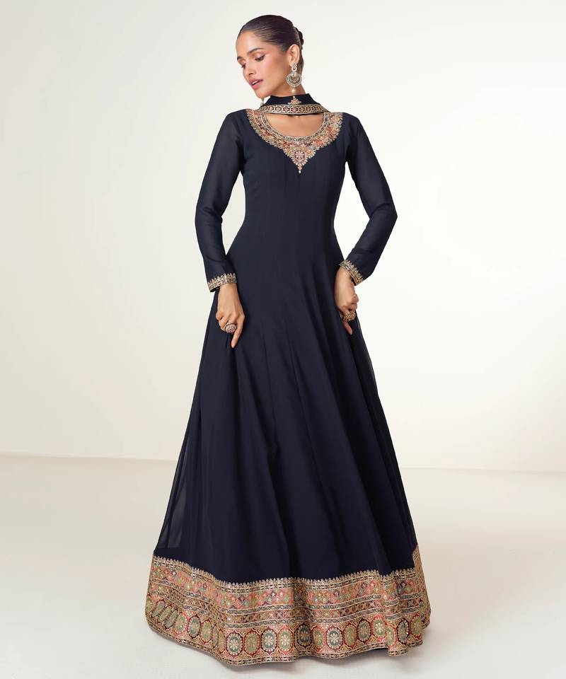 Blue embroidered work georgette fabric anarkali party wear gown with dupatta.