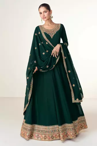 Green embroidered work georgette fabric anarkali party wear gown with dupatta.