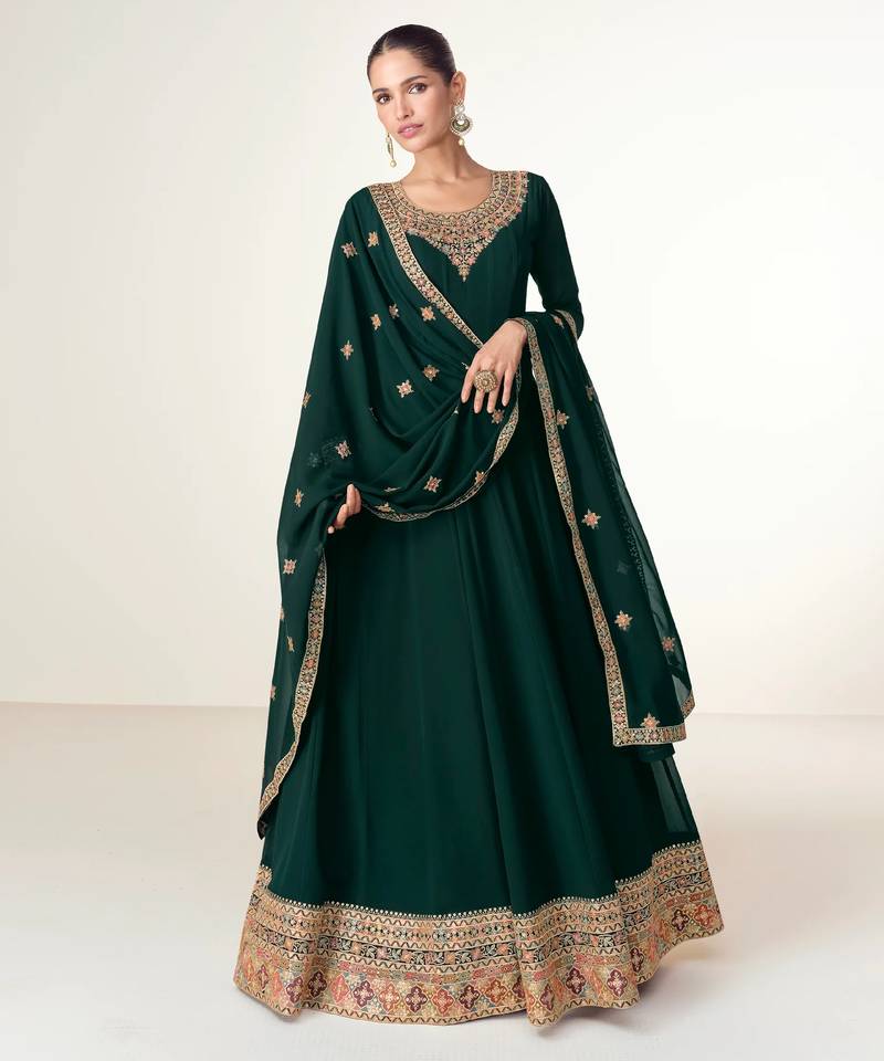 Green embroidered work georgette fabric anarkali party wear gown with dupatta.