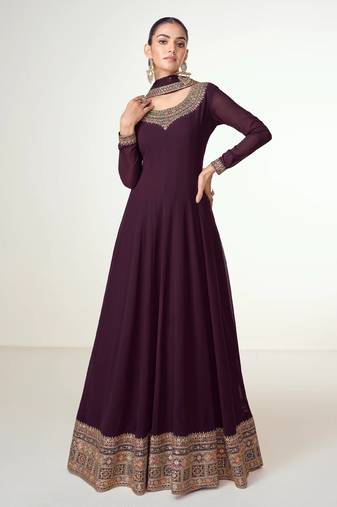 Purple embroidered work georgette fabric anarkali party wear gown with dupatta.