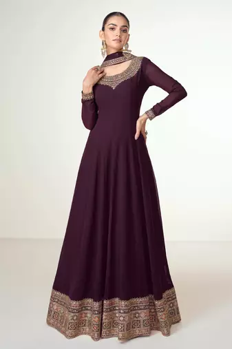 Purple embroidered work georgette fabric anarkali party wear gown with dupatta.