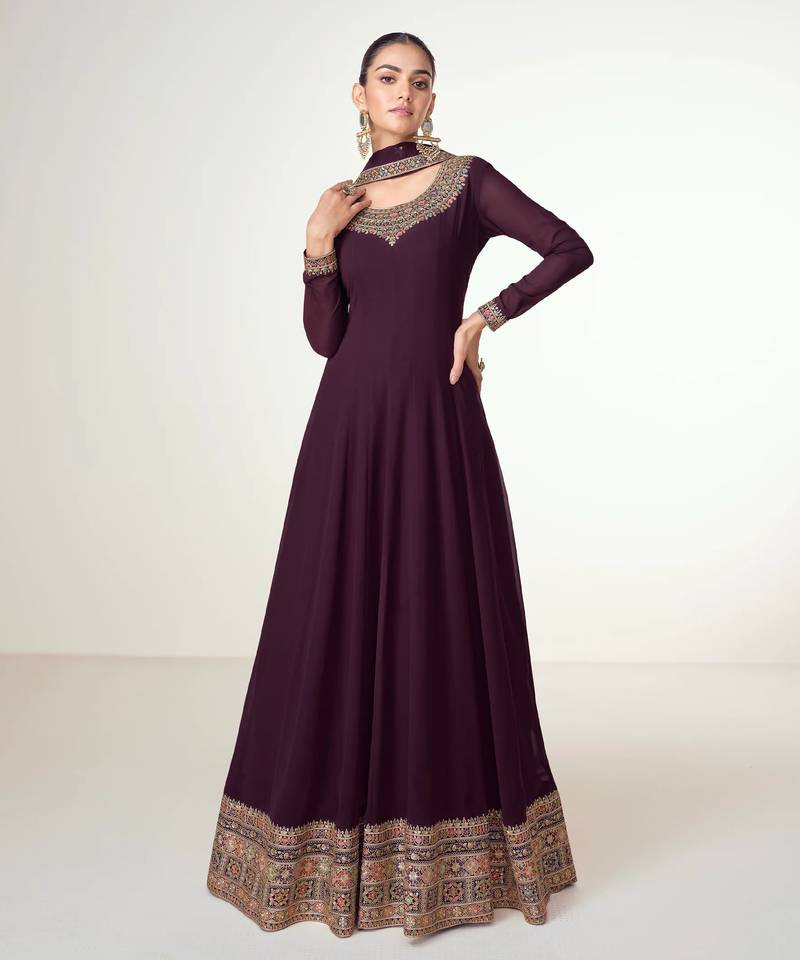 Purple embroidered work georgette fabric anarkali party wear gown with dupatta.