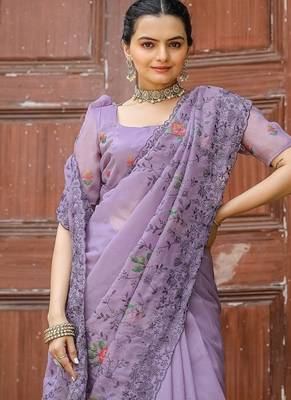 Lavender Color Pure Shiny Chiffon Embroidered Saree  1