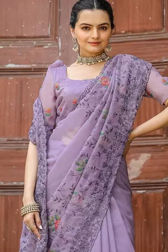 Lavender Color Pure Shiny Chiffon Embroidered Saree 