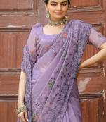 Lavender Color Pure Shiny Chiffon Embroidered Saree 