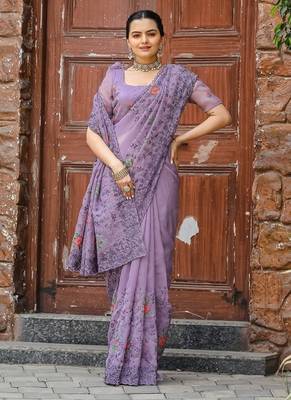 Lavender Color Pure Shiny Chiffon Embroidered Saree  2