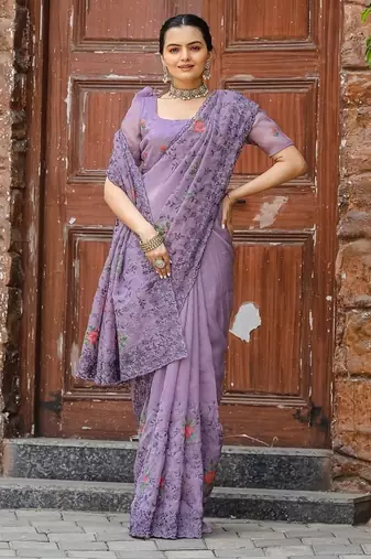 Lavender Color Pure Shiny Chiffon Embroidered Saree 