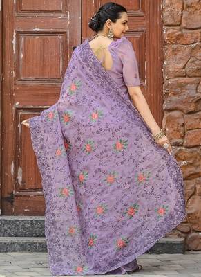 Lavender Color Pure Shiny Chiffon Embroidered Saree  3