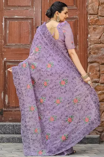 Lavender Color Pure Shiny Chiffon Embroidered Saree 