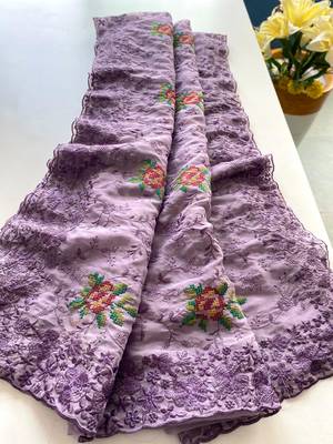 Lavender Color Pure Shiny Chiffon Embroidered Saree  5