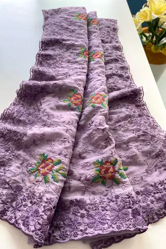 Lavender Color Pure Shiny Chiffon Embroidered Saree 