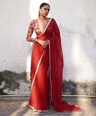 red embroidered georgette saree with blouse 1