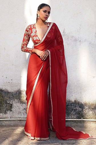 red embroidered georgette saree with blouse