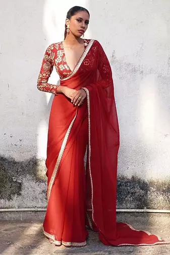 red embroidered georgette saree with blouse