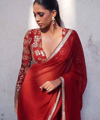 red embroidered georgette saree with blouse 2