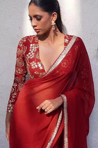 red embroidered georgette saree with blouse
