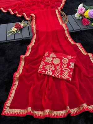 red embroidered georgette saree with blouse 3